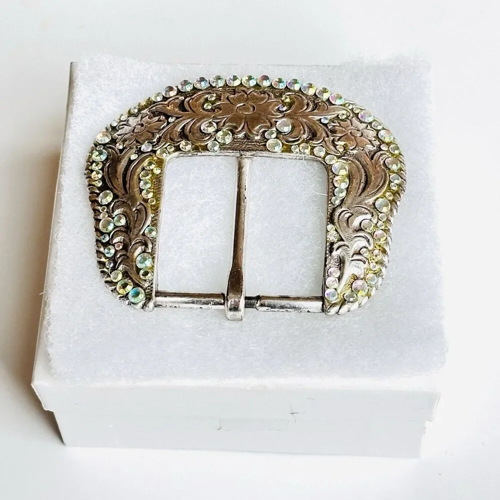 Western Belt Buckle Iridescent Aurora Borealis Rhinestones Y2K 90s Vintage Rodeo